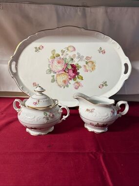 Fine Porcelain Rose Creamer and Sugar Set with Serving Tray - White and Pink